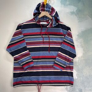 VTG Pacer Mens Large Hoodie Multi Stripe Blue Red White Drawstring Hem Pullover